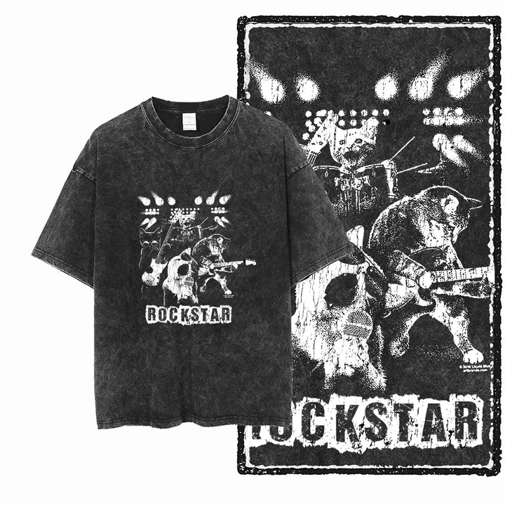 Cat Print Acid Washed Cotton Graphic T-Shirt