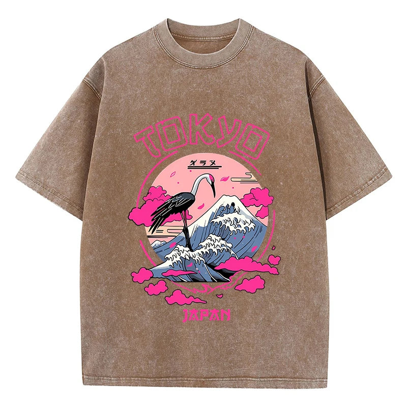 Retro-Inspired Acid Wash T-Shirts Featuring Tokyo Harajuku Prints