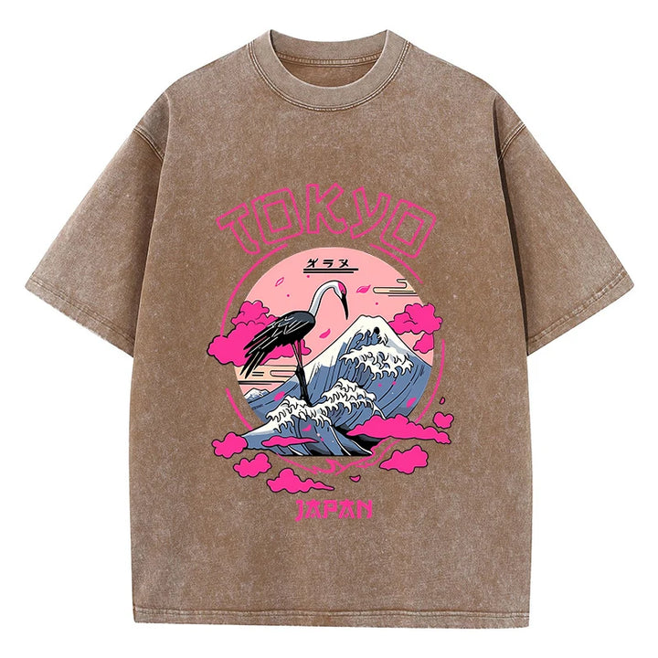 Retro-Inspired Acid Wash T-Shirts Featuring Tokyo Harajuku Prints