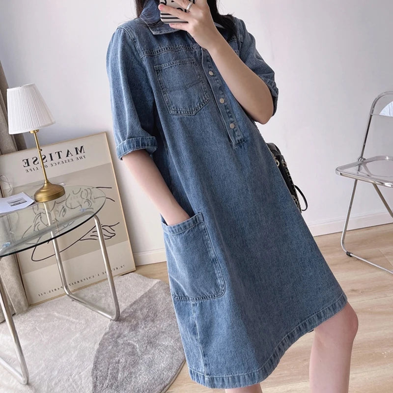Knee-length Vintage denim dress with polo collar