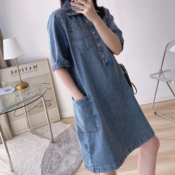 Knee-length Vintage denim dress with polo collar