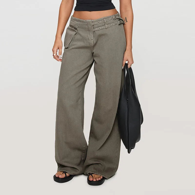 Mid-Waist Wide Leg Denim Pants