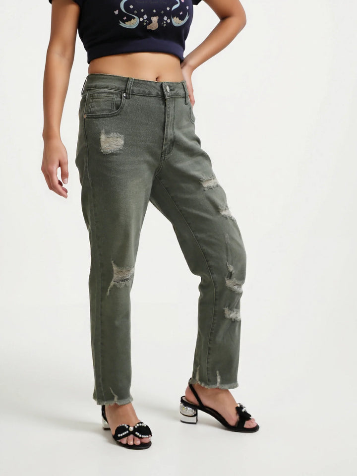 Ripped Olive Green Distressed Boyfriend Jeans