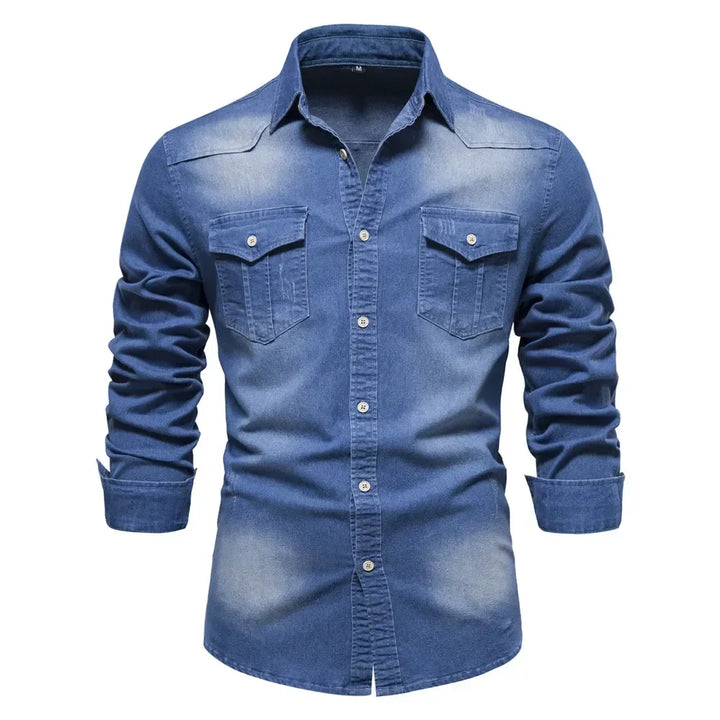 Elastic Slim Fit Long Sleeve Cotton Denim Shirt