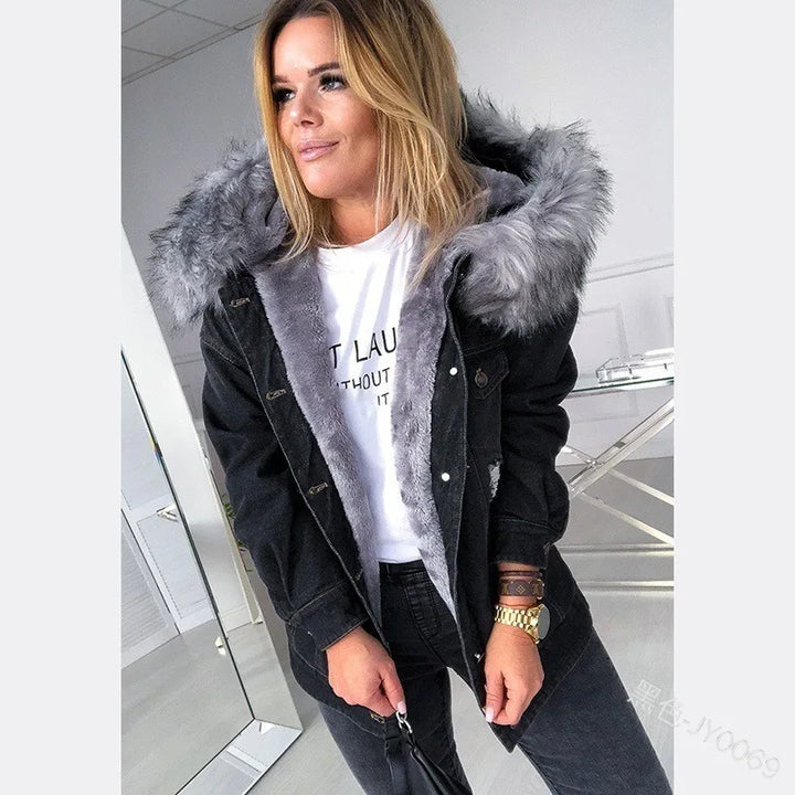 Retro Winter Denim Single-Breasted Hooded Jacket