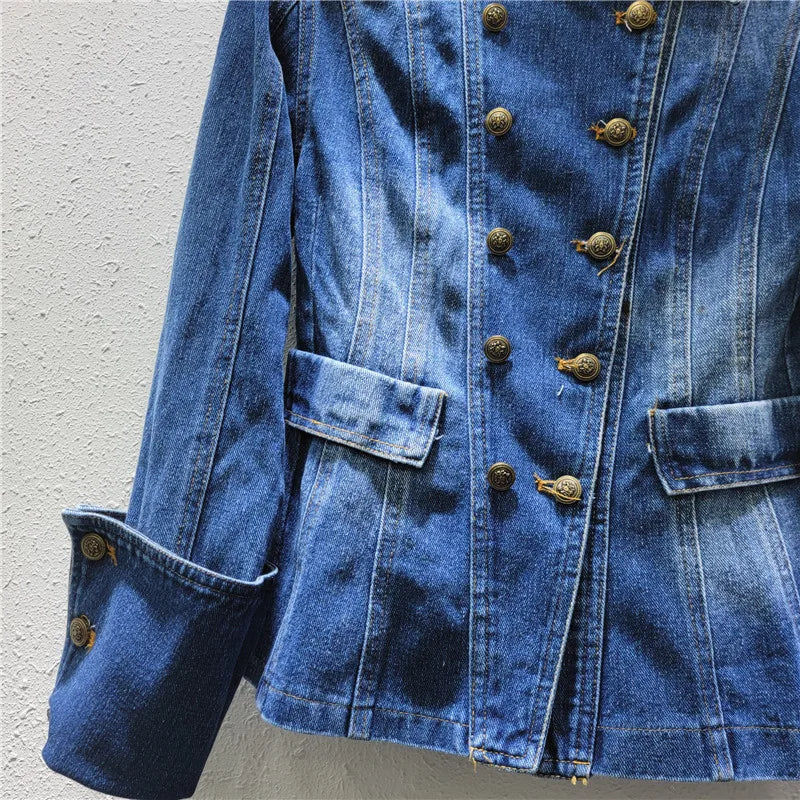 Vintage Versatile Lapel Double-breasted High Waist Denim Jacket