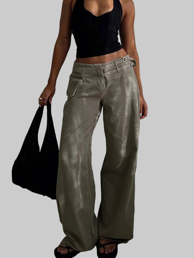 Mid-Waist Wide Leg Denim Pants