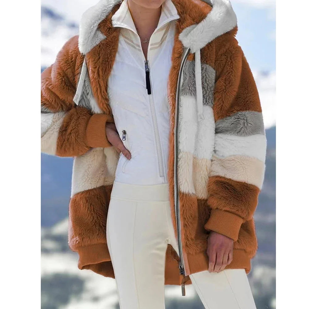 Hooded Thick Cashmere Zippered Plaid Winter Coat