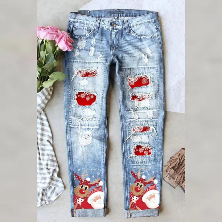 Mid-Waist Jeans with Christmas-Themed Ripped Design