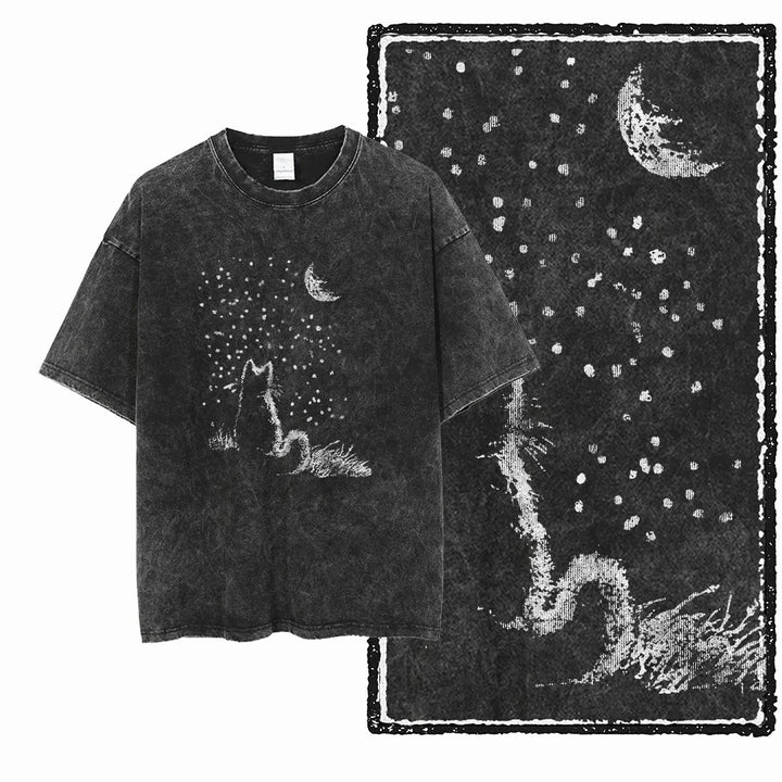 Cat Print Acid Washed Cotton Graphic T-Shirt