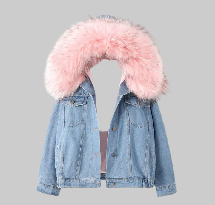 Single Breasted Fur Hooded Denim Coat