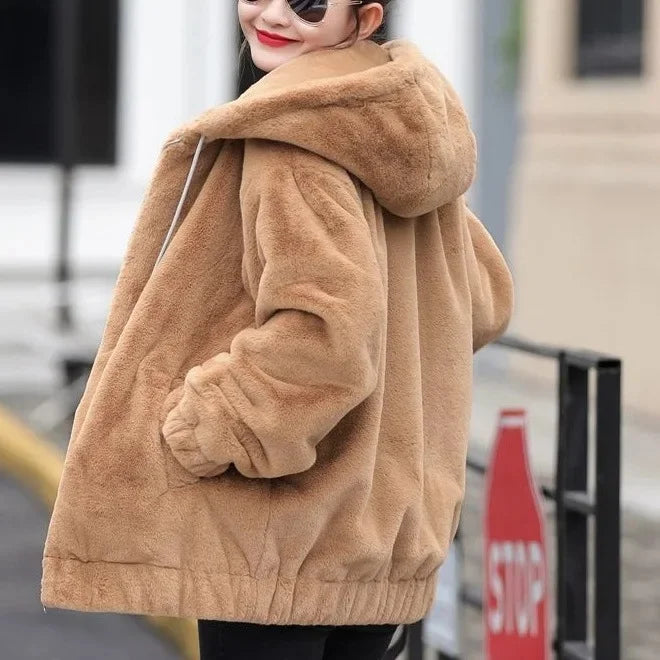 Trendy Mid-Length Fleece Hooded Jacket