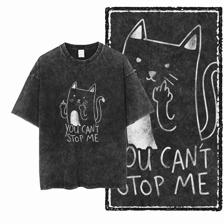 Cat Print Acid Washed Cotton Graphic T-Shirt