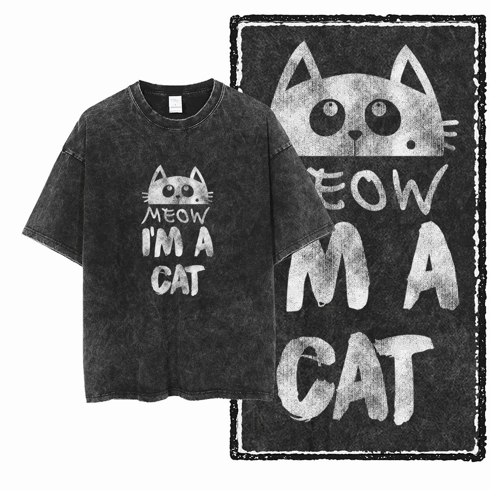 Cat Print Acid Washed Cotton Graphic T-Shirt