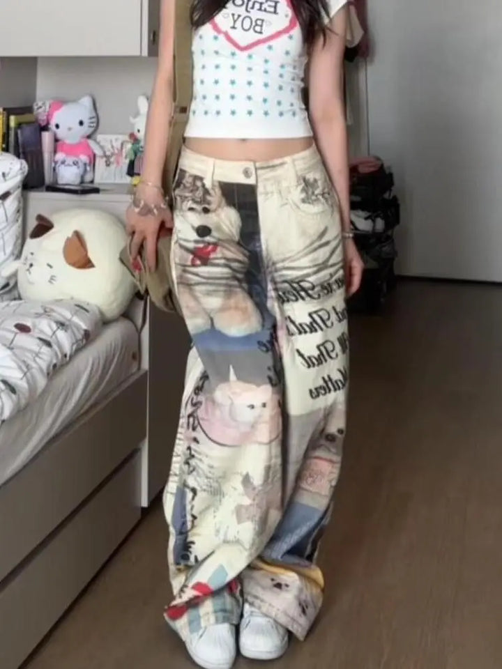 Loose-Fit Cartoon Print Harajuku Baggy Pants