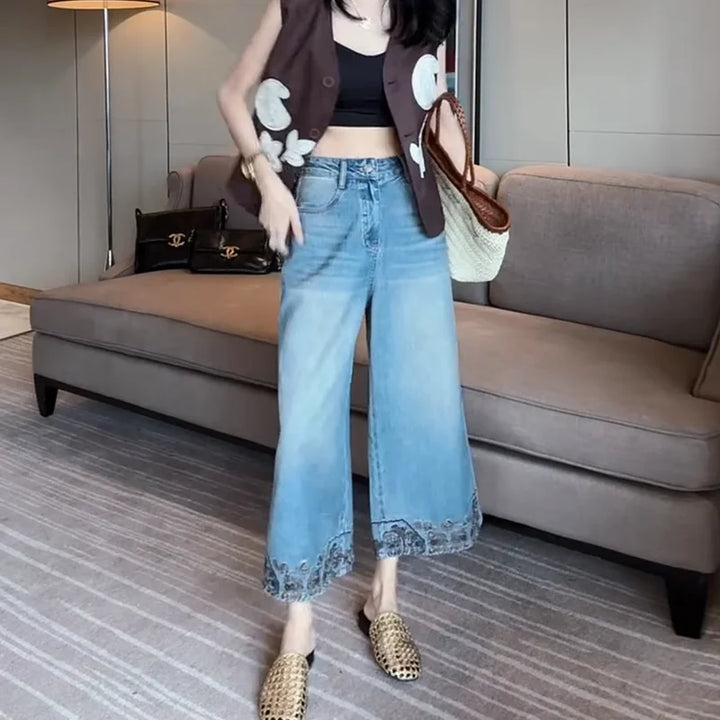 Must-Have Retro Style! Light Blue Wide-Leg Denim Jeans with Stunning Embroidery