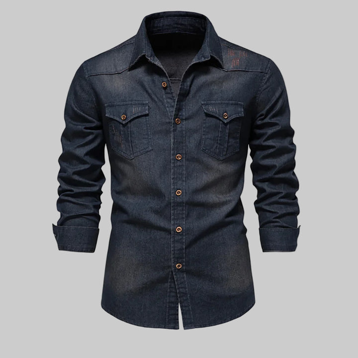 Elastic Slim Fit Long Sleeve Cotton Denim Shirt