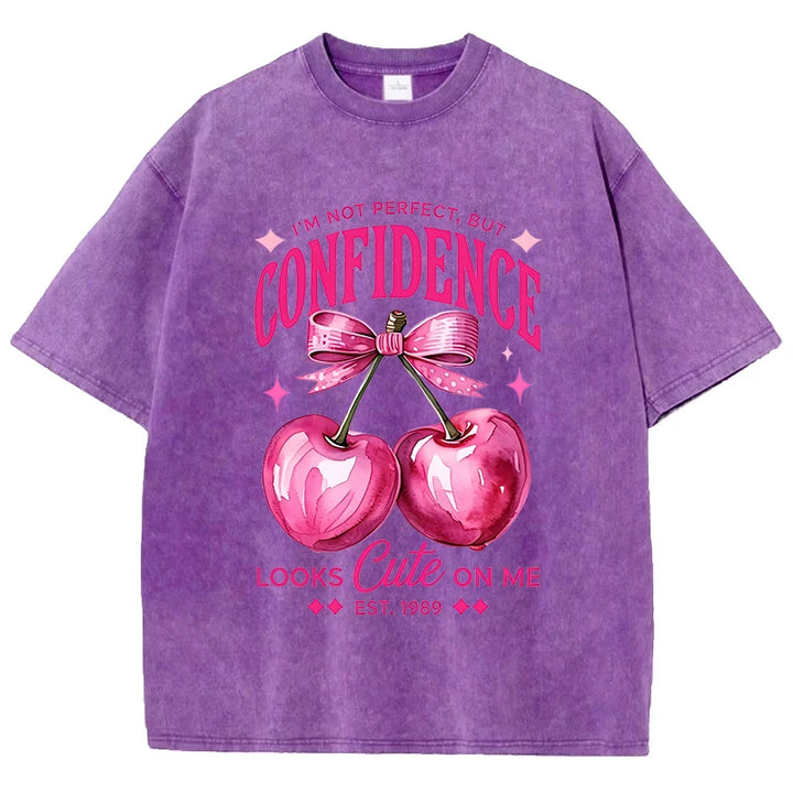Pink Cherry Print Distressed Cotton T-Shirt