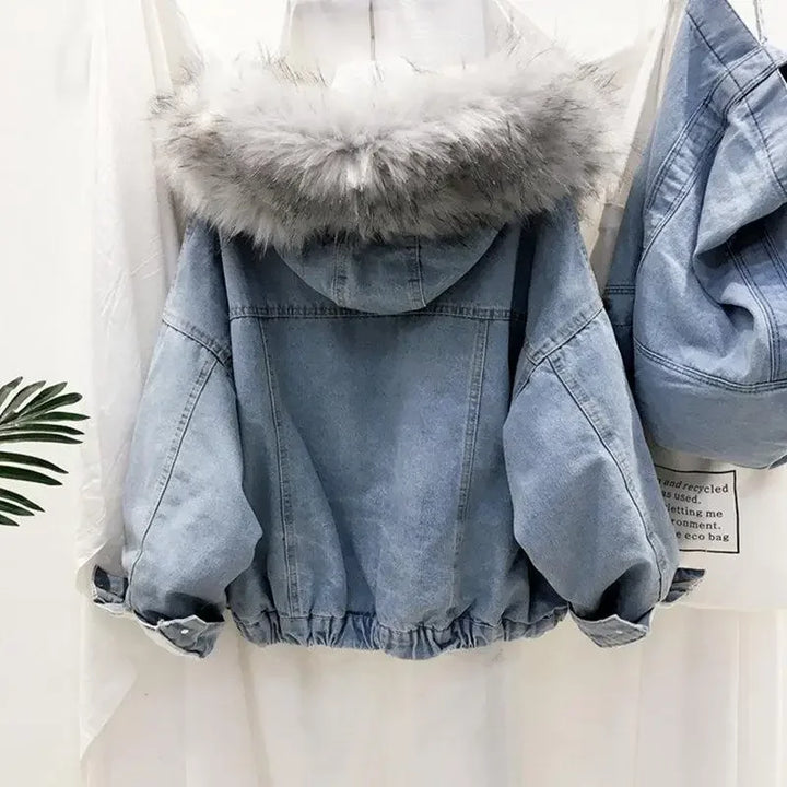 Single Breasted Fur Hooded Denim Coat
