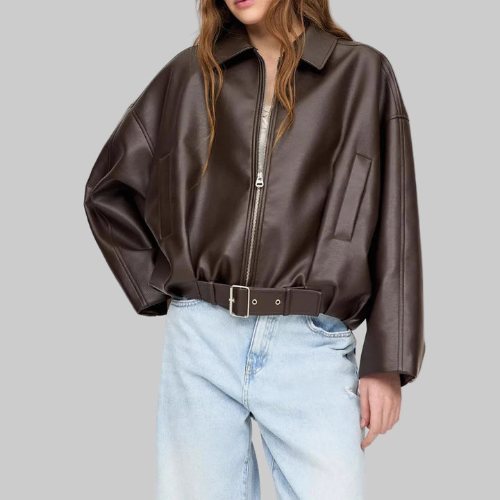Autumn Folded Collar Zipper Closure PU Leather Jacket