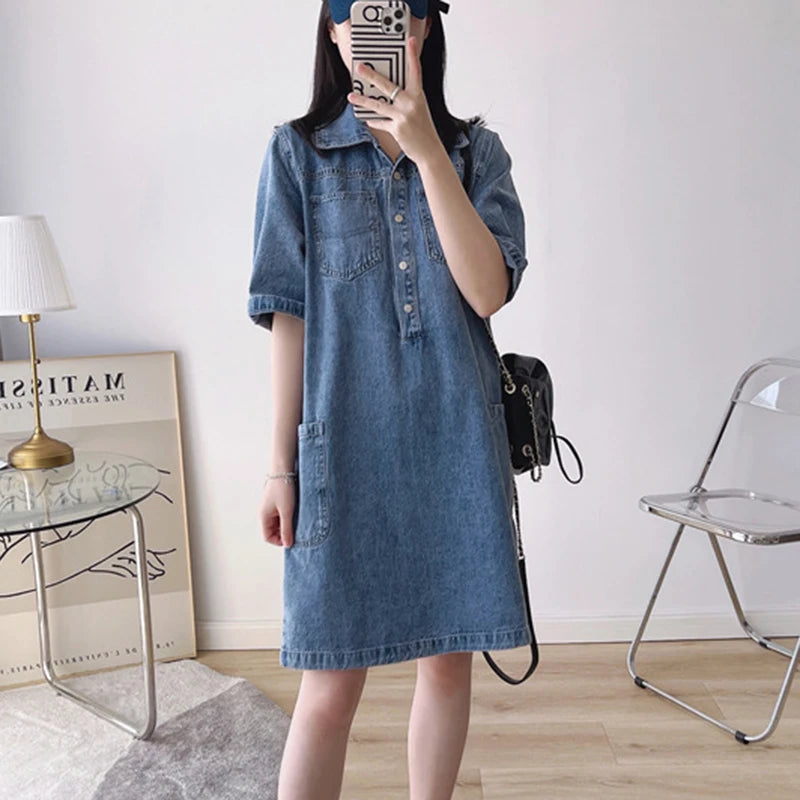 Knee-length Vintage denim dress with polo collar