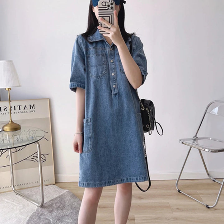 Knee-length Vintage denim dress with polo collar