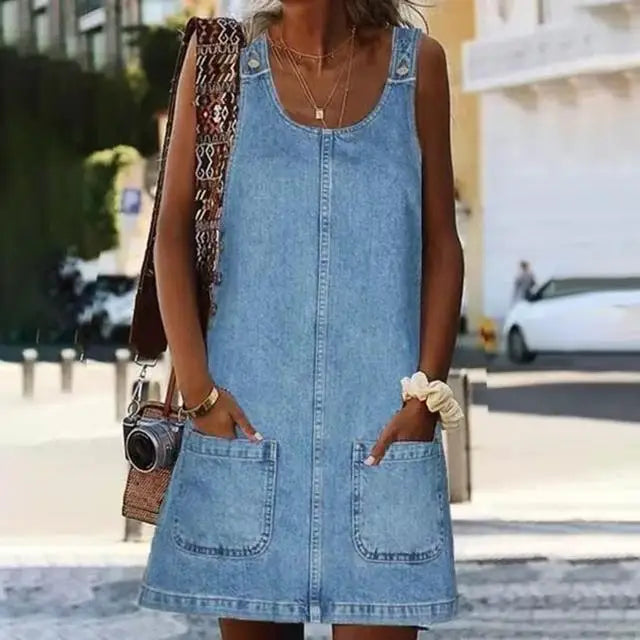 Midrise U-Neck Strappy A-Line Sleeves Denim Dress