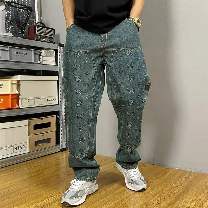 Modern embossed washed men's work jeans