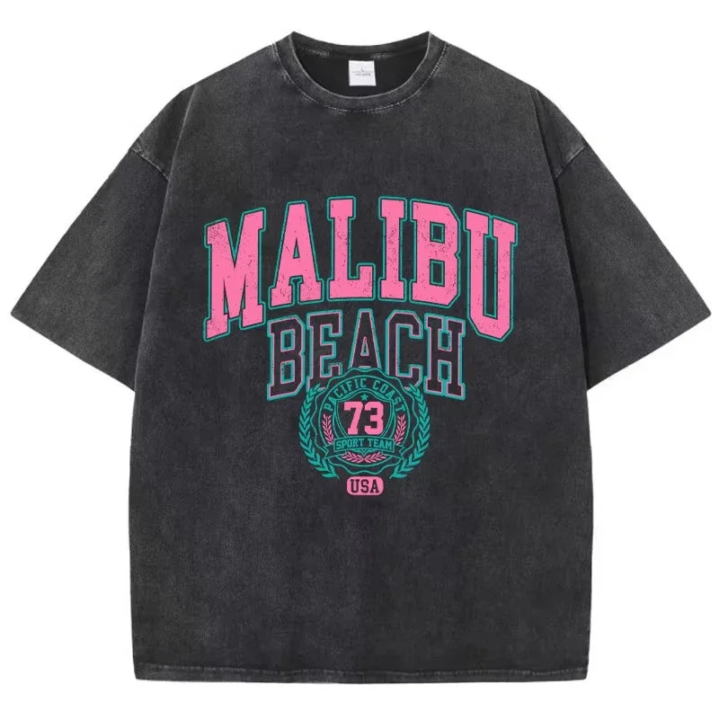Malibu Beach Crewneck Print Oversized Cotton T-Shirt