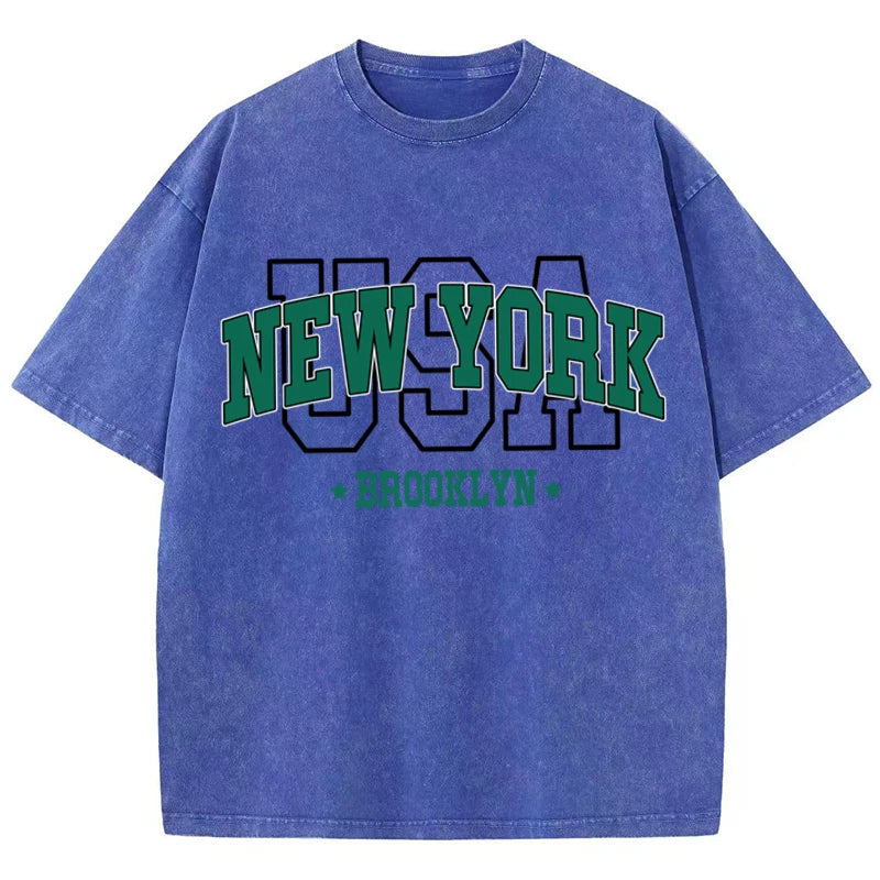 Cotton Washed O-Neck Brooklyn Print Tees