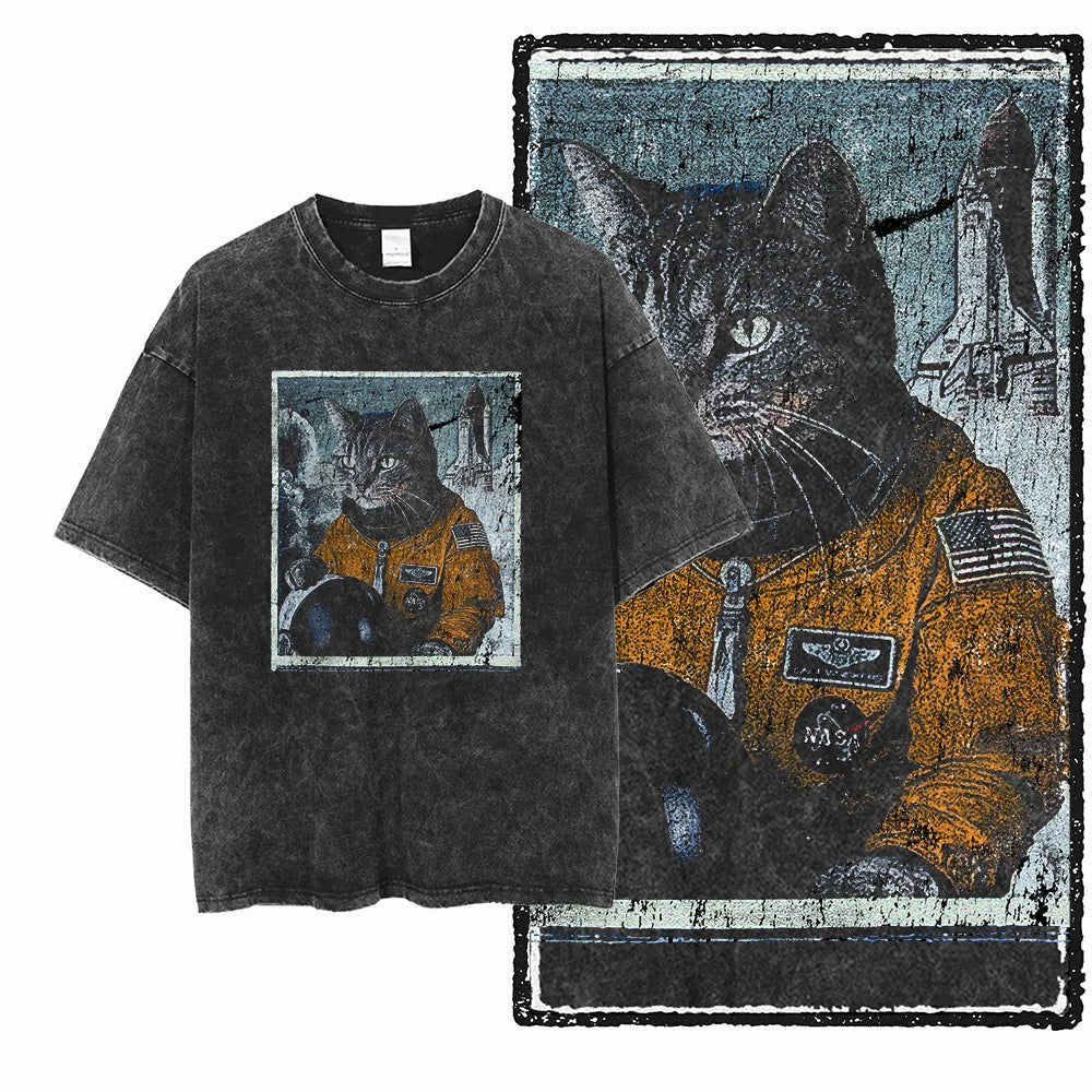 Cat Print Acid Washed Cotton Graphic T-Shirt