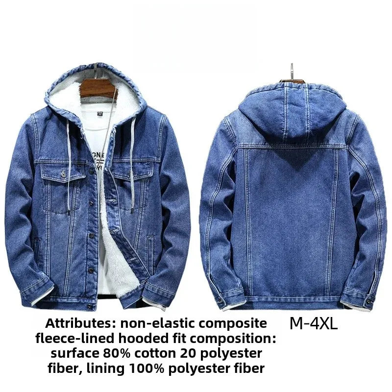 Warm Fleece-Lined Hooded Denim Winter Coat