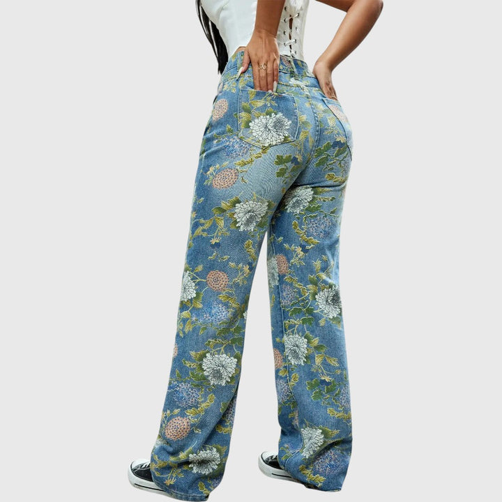 Floral Print High-Waisted Cargo Jeans