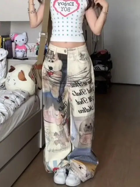 Loose-Fit Cartoon Print Harajuku Baggy Pants