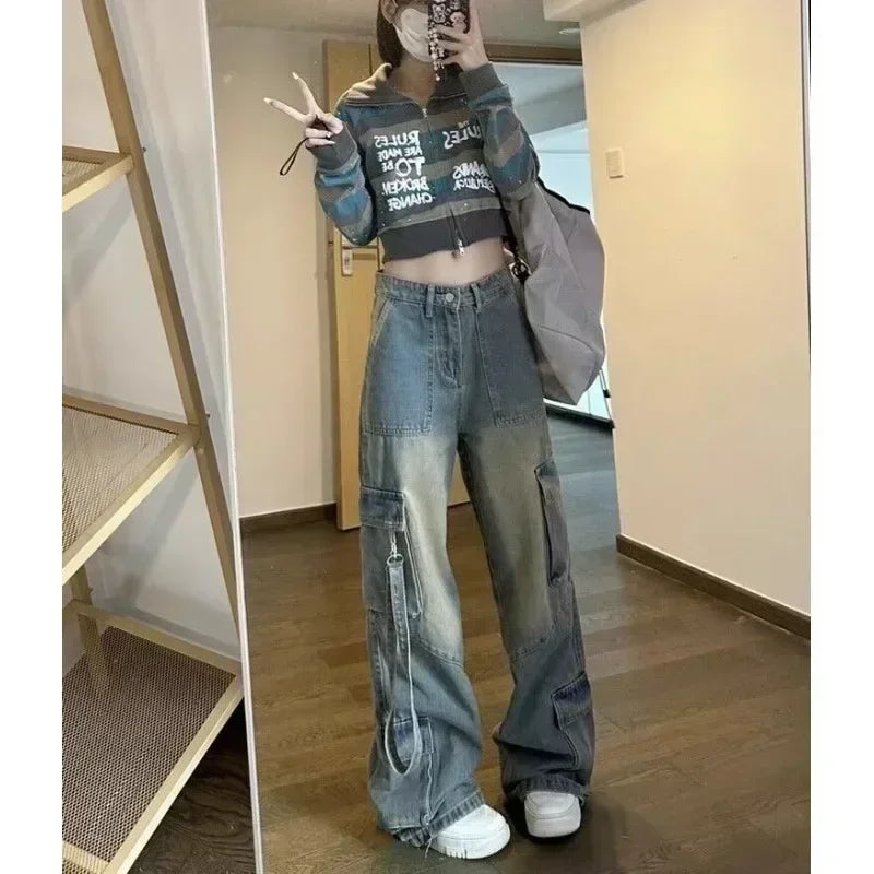 Distressed Washed Cargo Jeans with Spliced Pockets