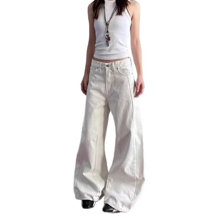 Retro Washed White High-Waist Knife Edge Design Jeans