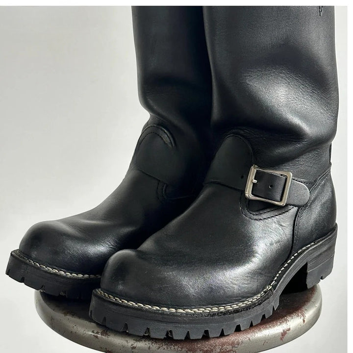 Genuine leather low-heel Chelsea motorcycle boots with buckle