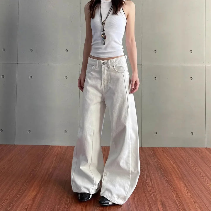 Retro Washed White High-Waist Knife Edge Design Jeans
