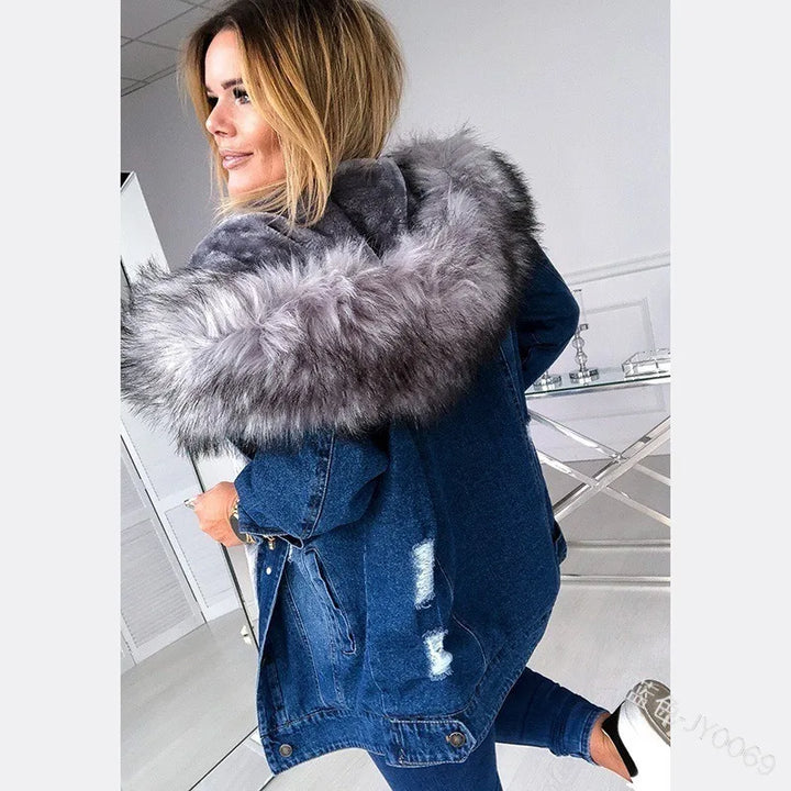 Retro Winter Denim Single-Breasted Hooded Jacket
