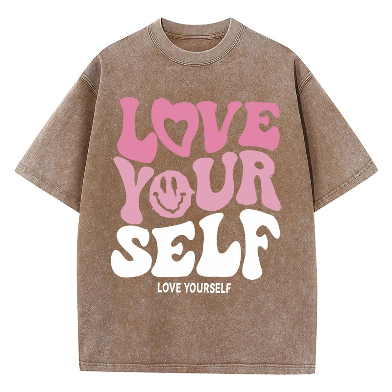 Washed "Love Your Self" Letter Print T-Shirt