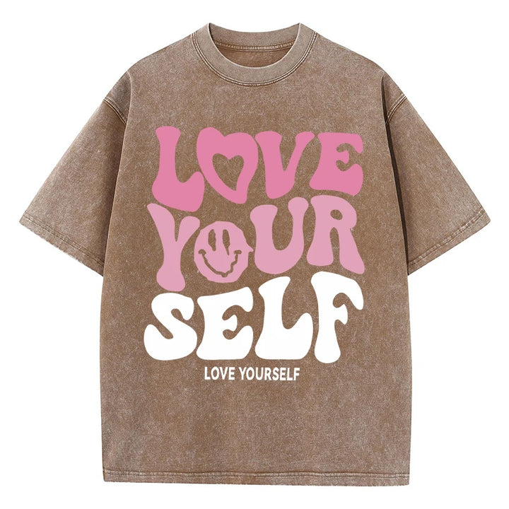 Washed "Love Your Self" Letter Print T-Shirt
