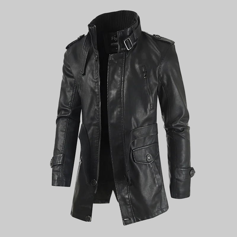 Leather Winter Thick Plush Lining Warm Long Coat