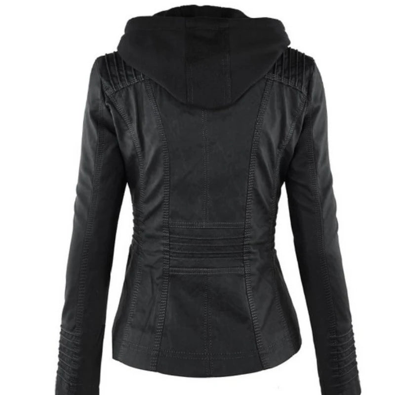 Zipper and Hoodie Faux Leather Motorcycle Jacket