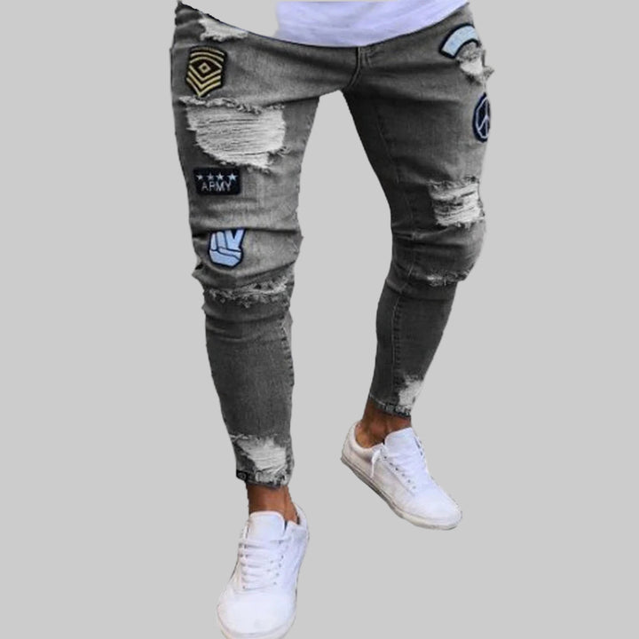 Embroidered Cotton Stretch Skinny Ripped Jeans