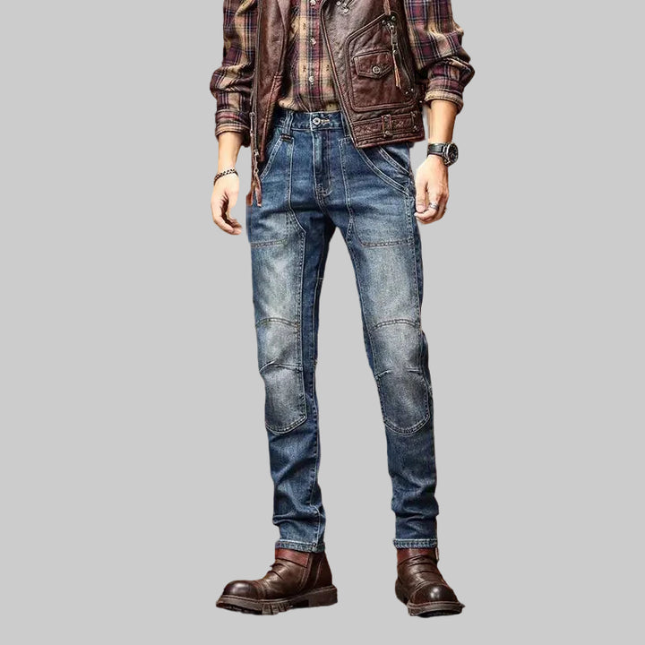 Retro Washed Blue Slim Fit Stretch Biker Jeans