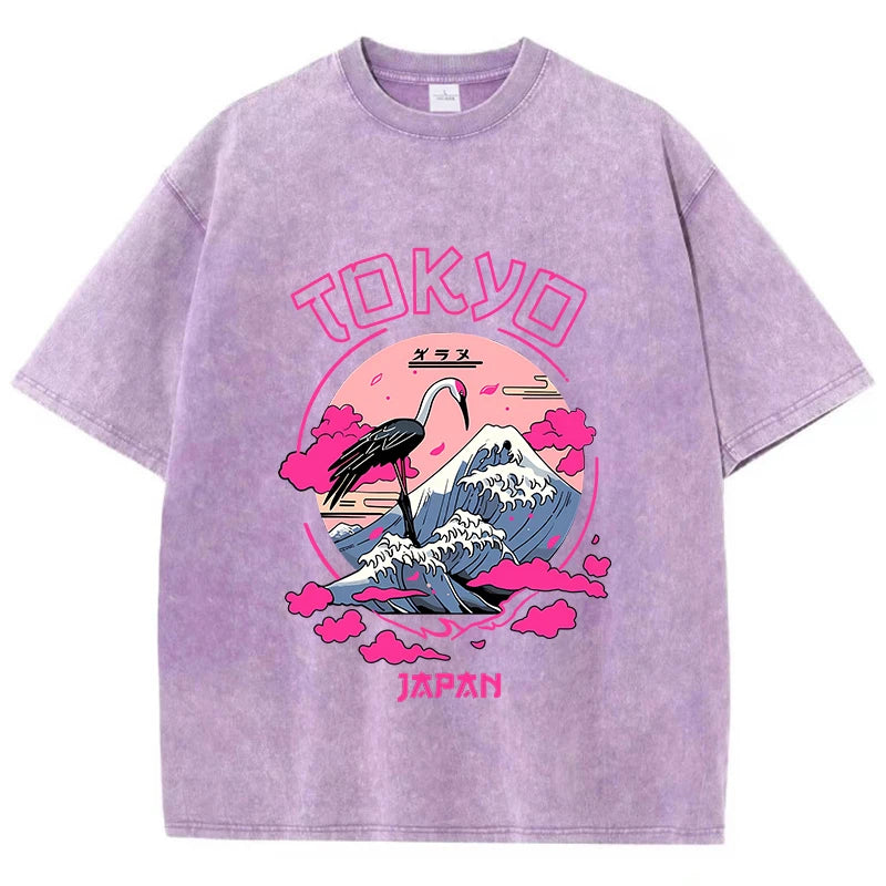 Retro-Inspired Acid Wash T-Shirts Featuring Tokyo Harajuku Prints