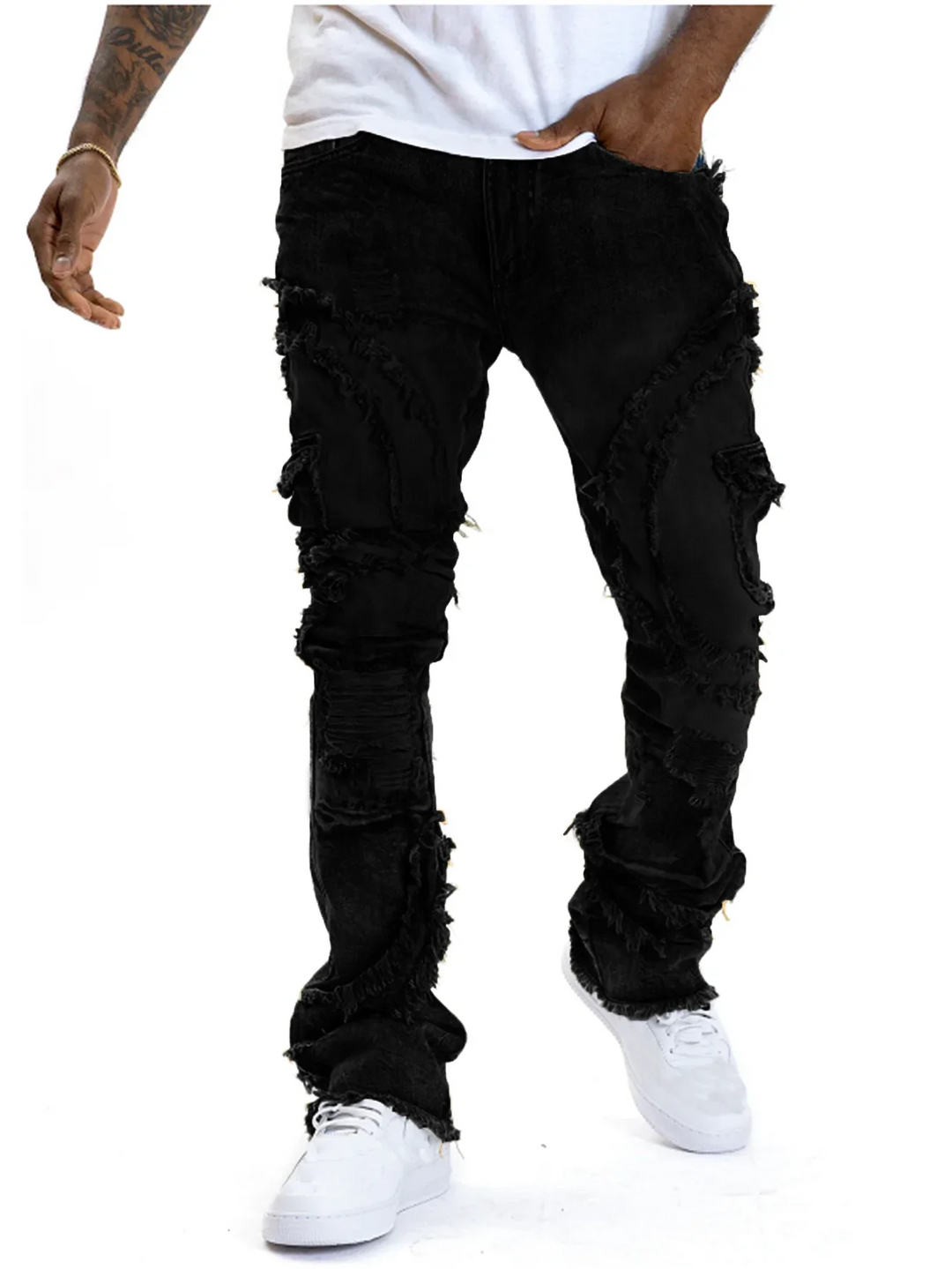 Distressed Slim Fit Ripped Stacked Jeans