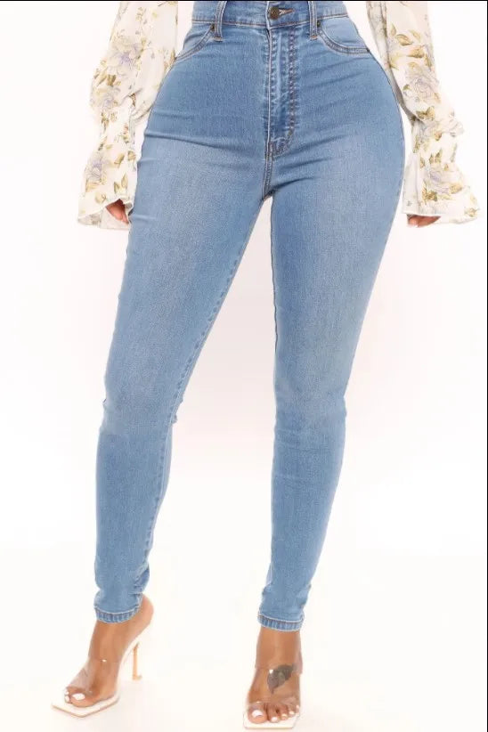 High-Waisted Distressed Denim Pencil Jeans