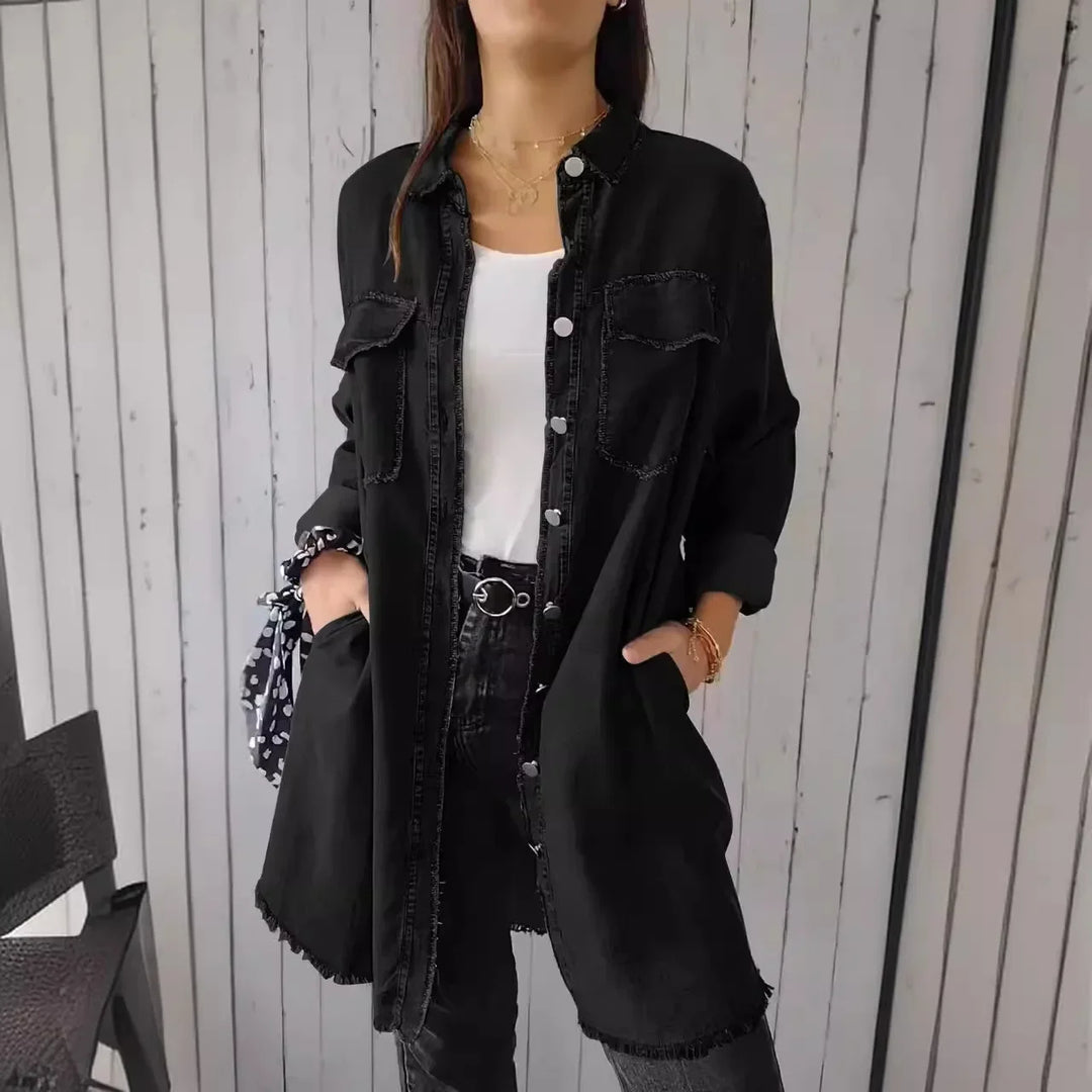 Casual Long Denim Jacket with Ripped Pockets
