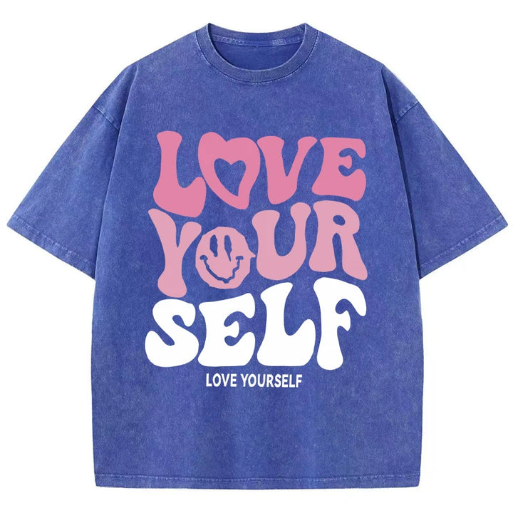 Washed "Love Your Self" Letter Print T-Shirt